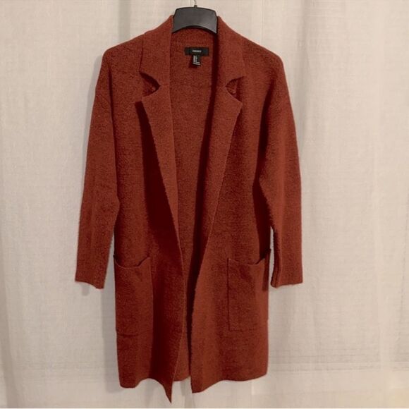 F21 S Oversized Rust Tomato Red Open Front Collared Knit Long Cardigan Duster - Picture 5 of 11